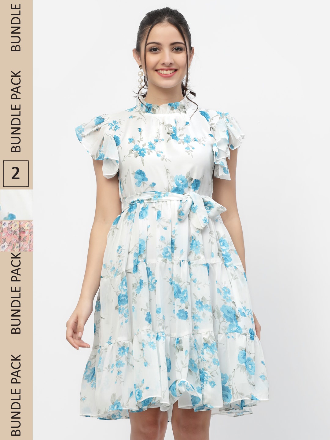 MISS AYSE Women Off White & Blue Pack Of 2 Floral Print Fit & Flare Dresses