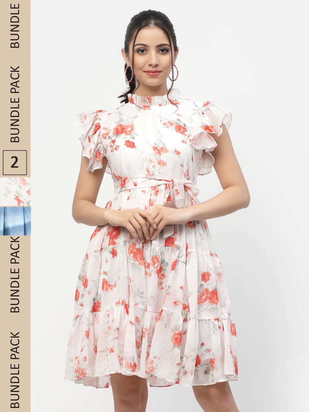 MISS AYSE Pack Of 2 Off White & Blue Floral Printed Fit & Flare Dresses