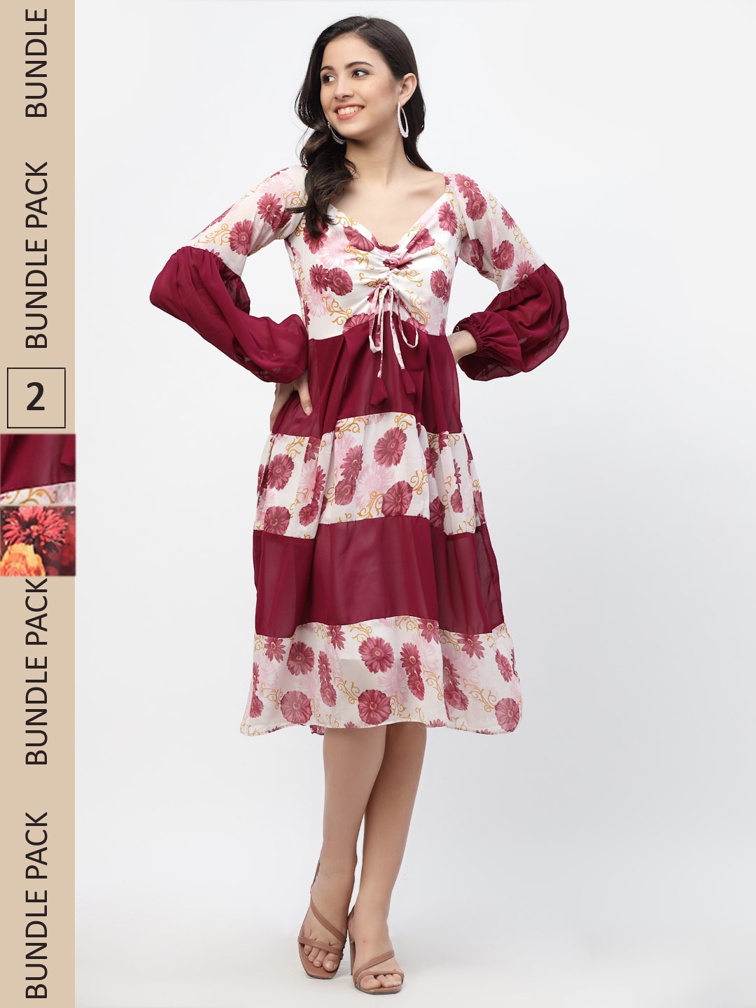 MISS AYSE Maroon & Orange Pack of 2 Floral Georgette Dress