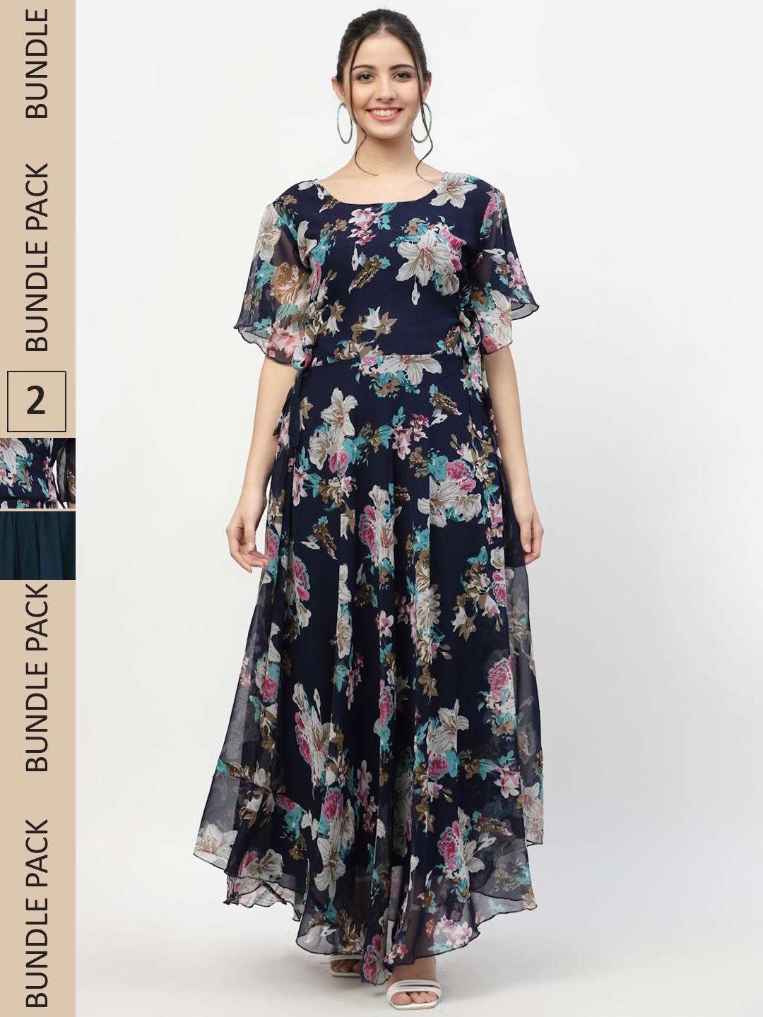 MISS AYSE Women Navy Blue & Off White Pack Of 2 Floral Printed Maxi Dress