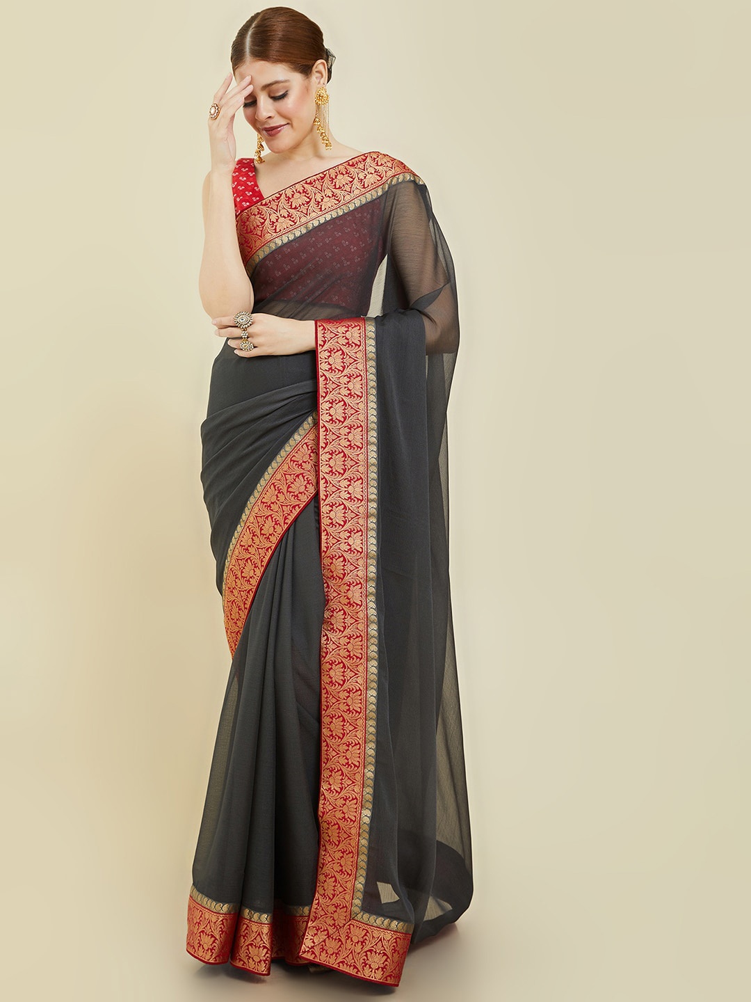 Soch Grey & Red Zari Pure Chiffon Saree