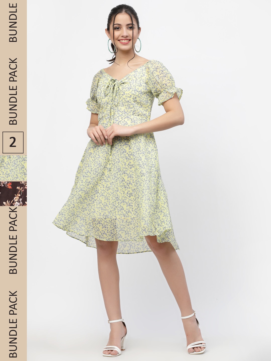 MISS AYSE Pack Of 2 Green & Brown Floral Printed Fit & Flare Dresses