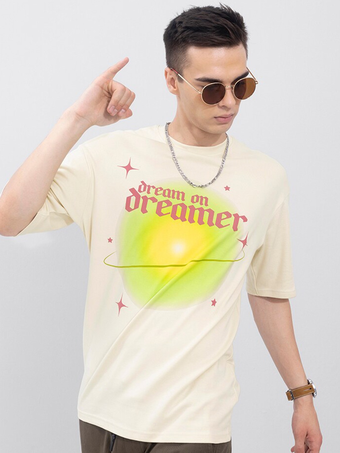 Snitch Men Cream & Yellow Printed Cotton Oversized T-shirt