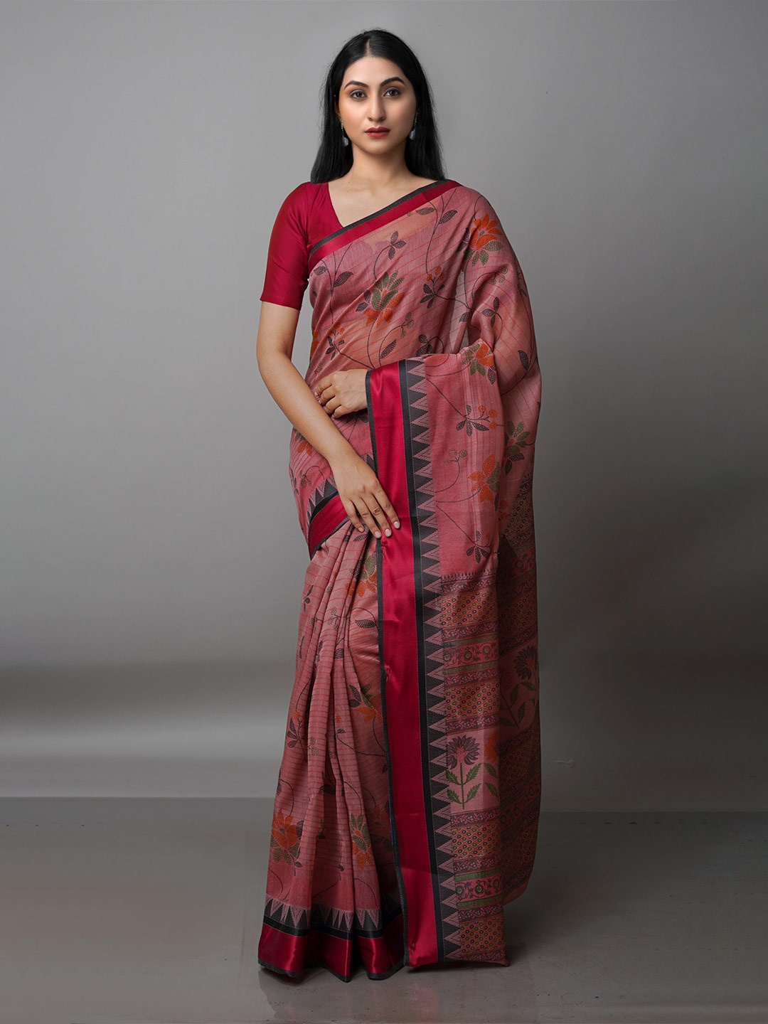Unnati Silks Pink & Red Floral Silk Cotton Chanderi Saree