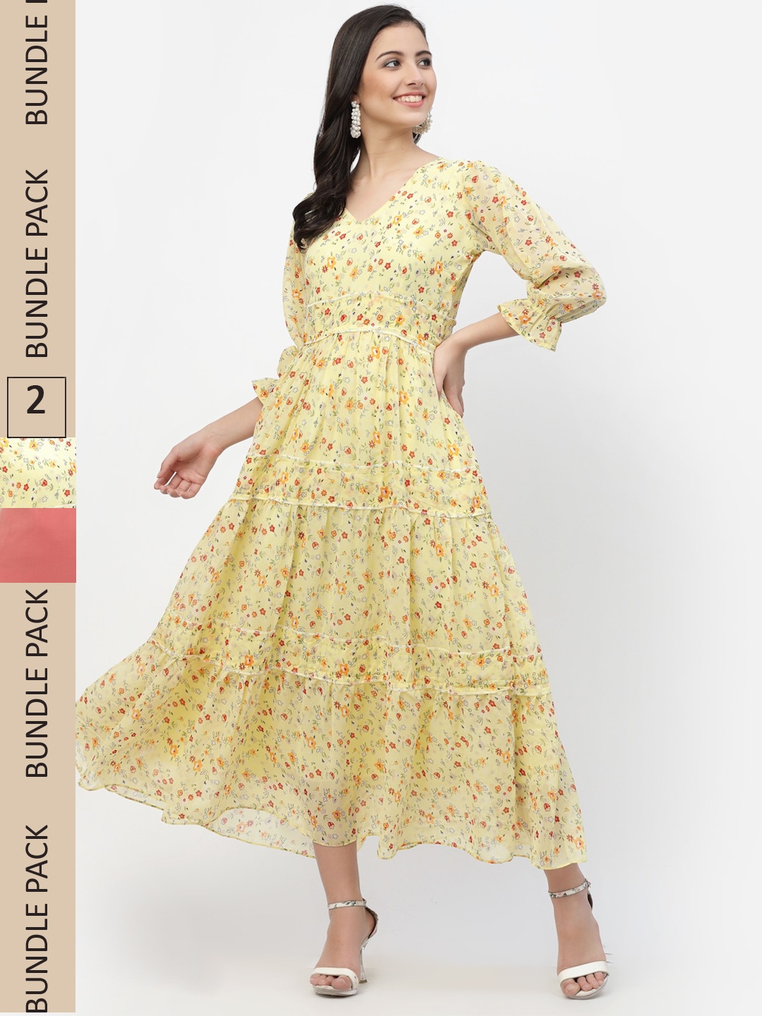 MISS AYSE Pack Of 2 Yellow & Coral Floral Printed Fit & Flare Dresses