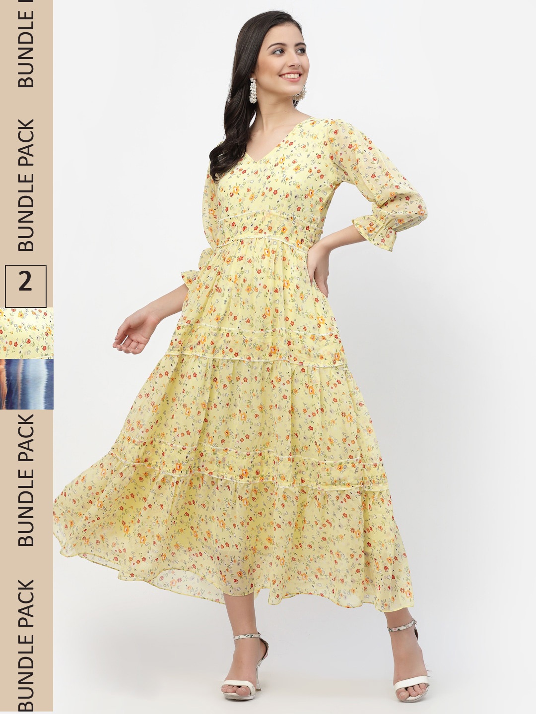 MISS AYSE Pack Of 2 Yellow & Blue Printed Fit & Flare Dresses