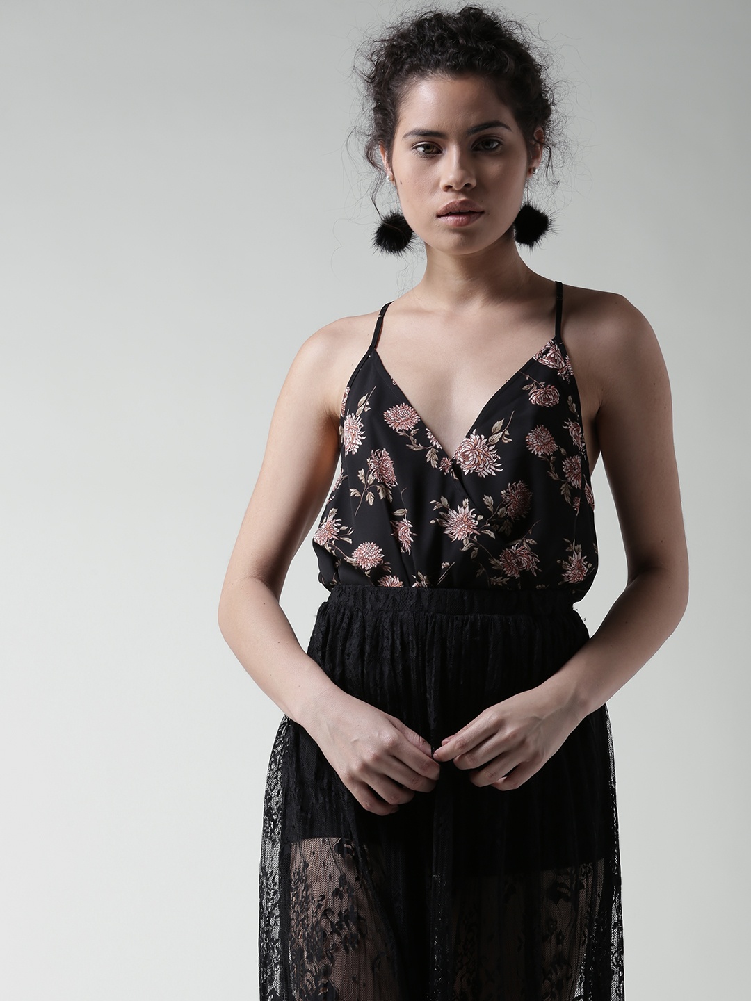 FOREVER 21 Black Floral Print Bodysuit