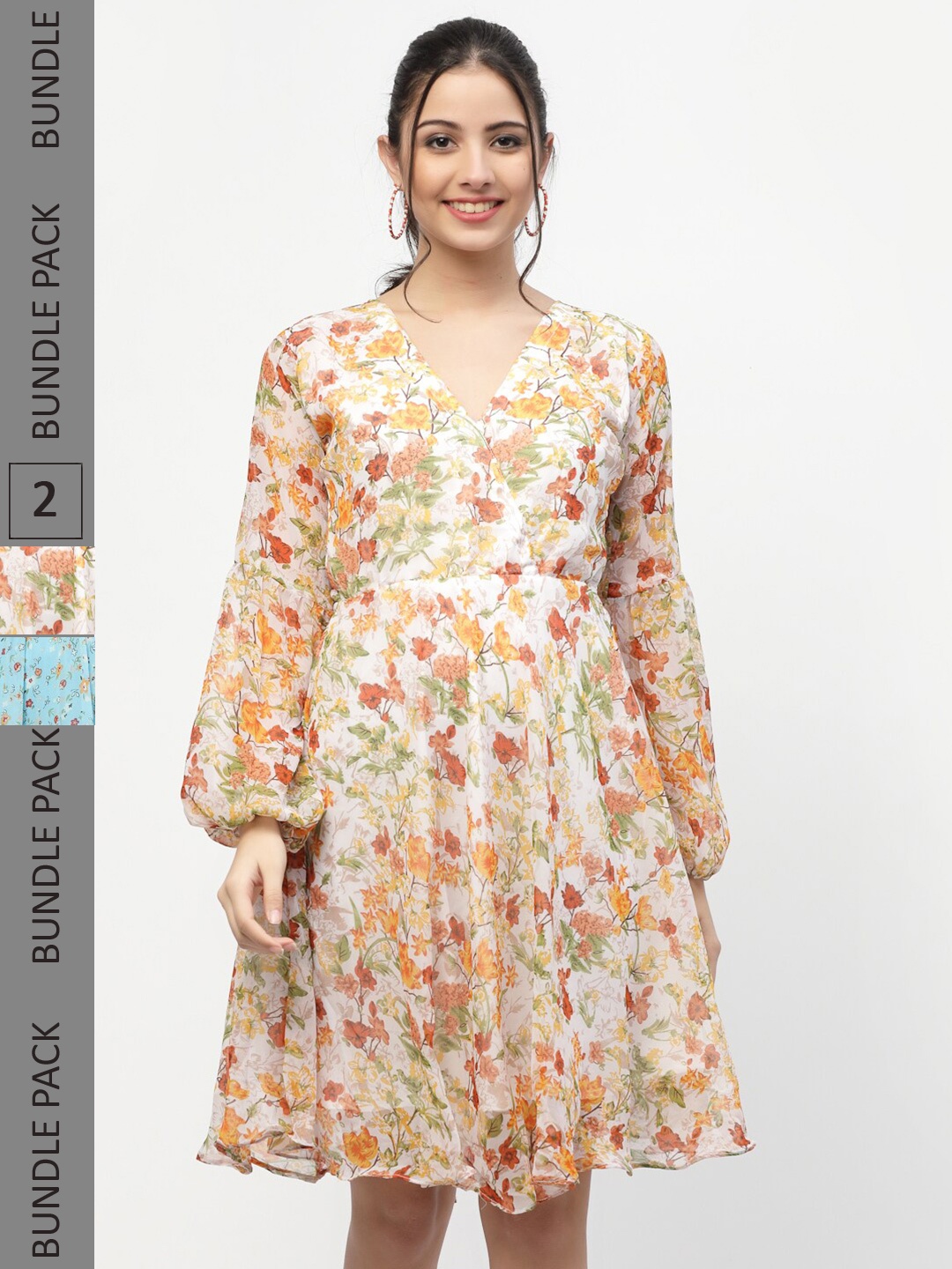 MISS AYSE Pack Of 2 White & Turquoise Blue Floral Georgette A-Line Dress