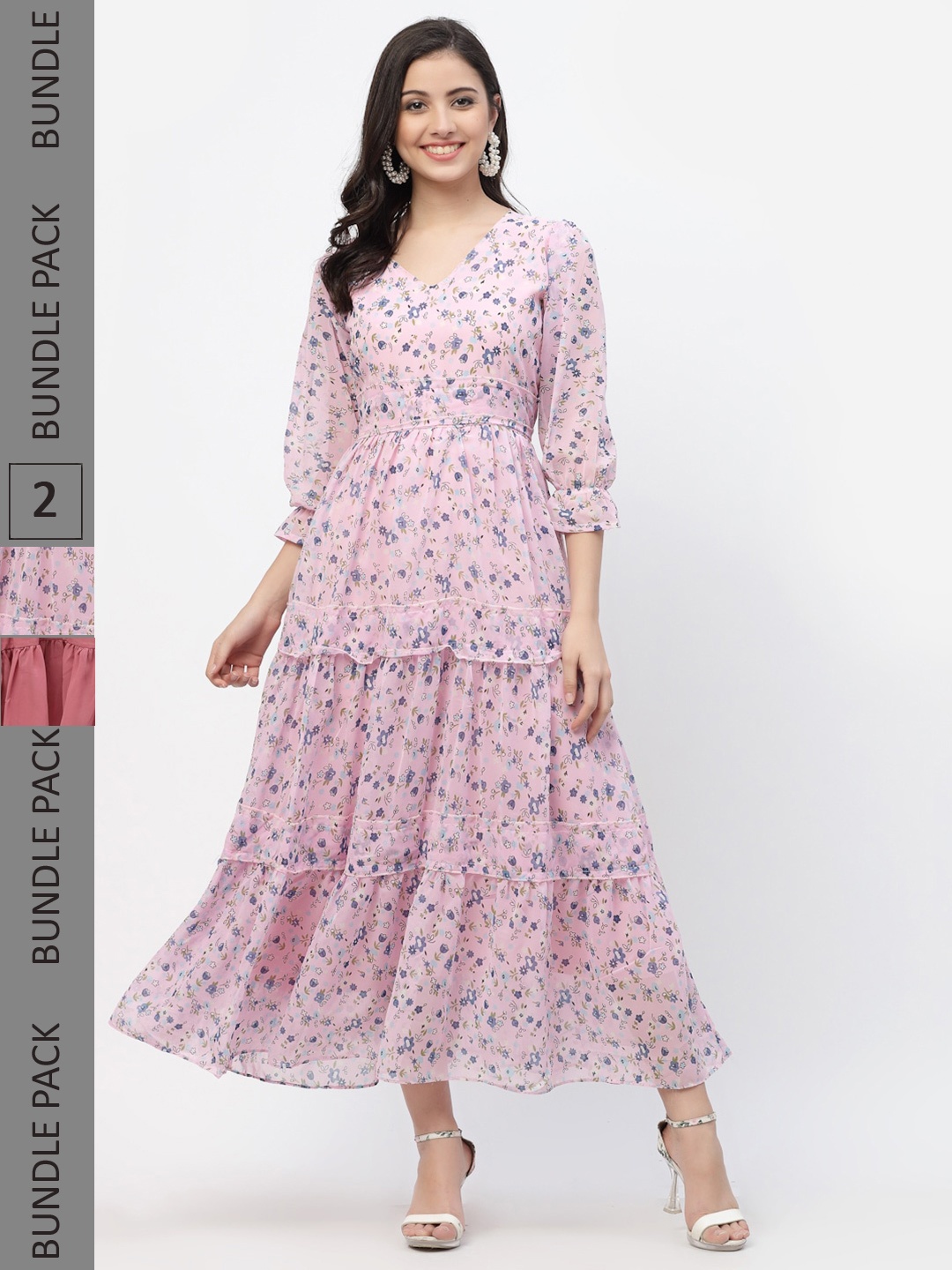 MISS AYSE Pack Of 2 Pink & Pink Floral Georgette A-Line Maxi Dress
