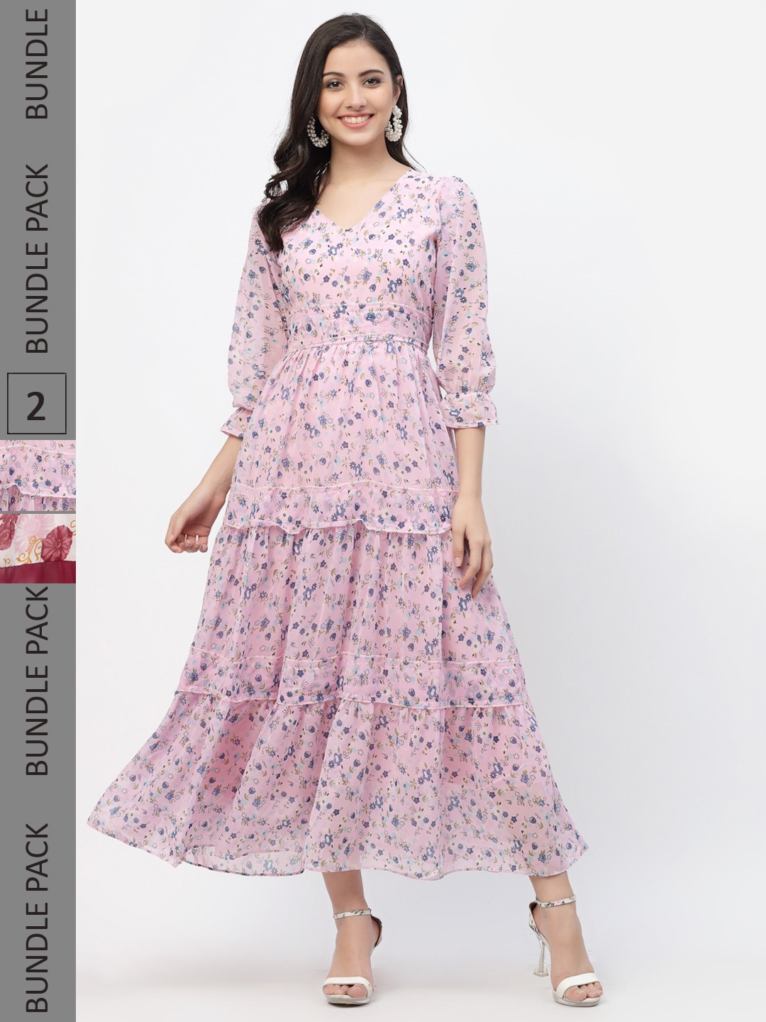 MISS AYSE Pink & Maroon Floral Georgette Ethnic Maxi Dress Pack of 2