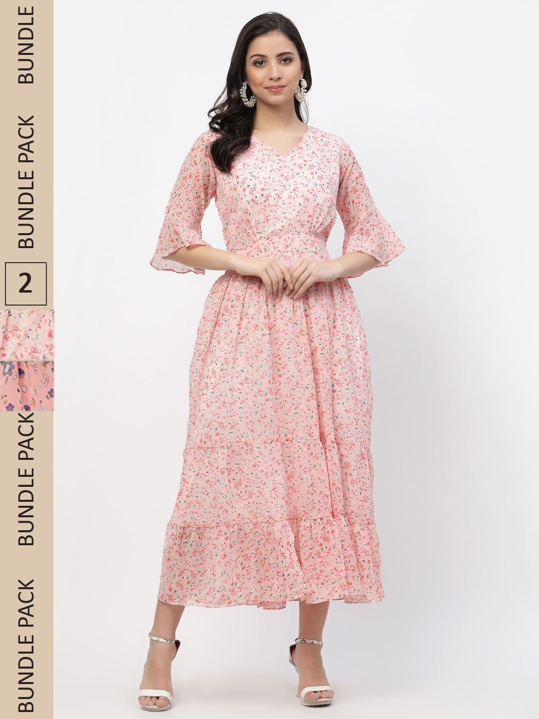 MISS AYSE Women Pink & Blue Pack Of 2 Floral Printed Maxi Dresseses