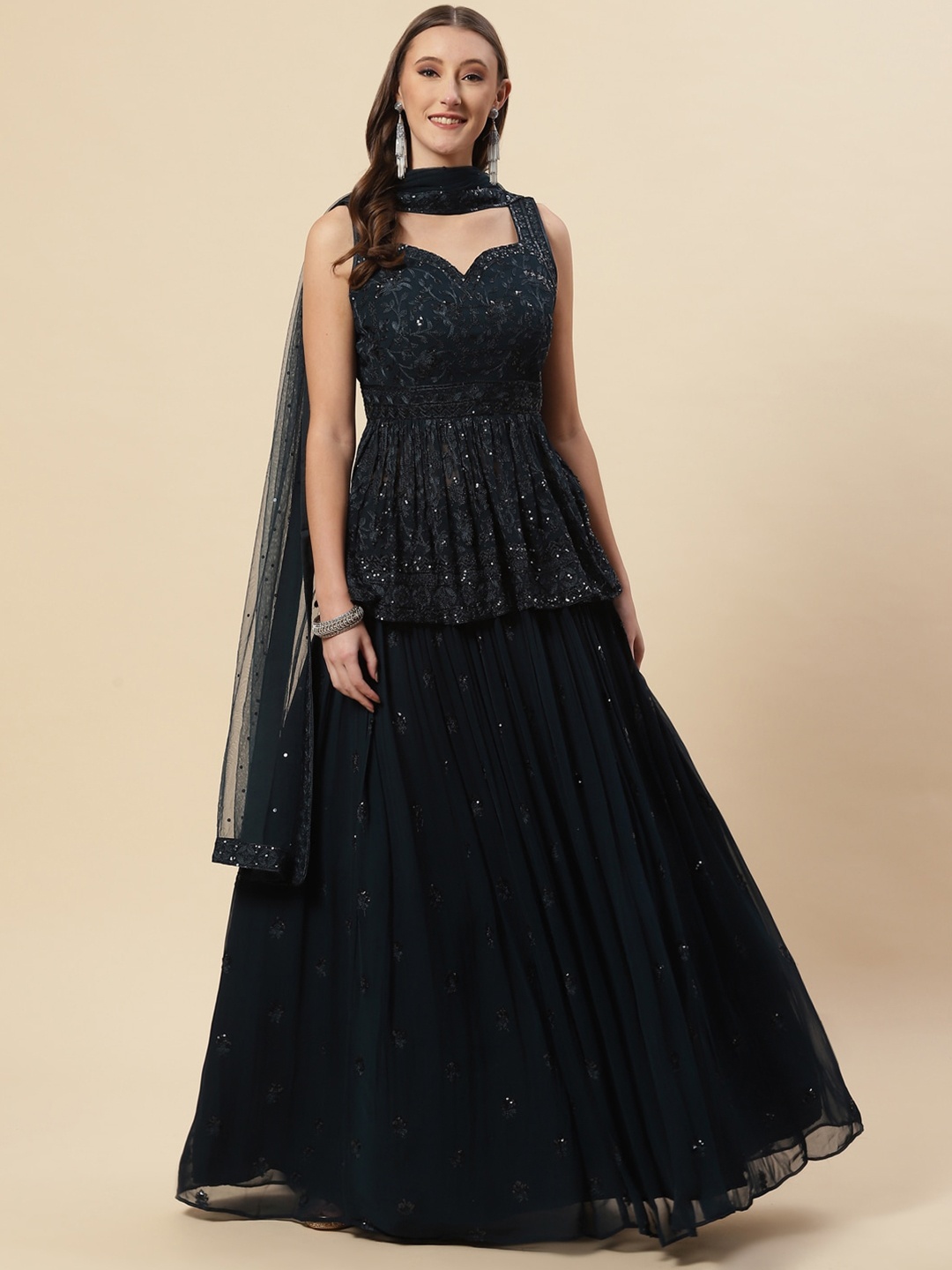 Meena Bazaar Navy Blue Embroidered Sequinned Ready to Wear Lehenga & Blouse With Dupatta
Meena Bazaar Navy Blue Embroidered Sequinned Ready to Wear Lehenga & Blouse With Dupatta