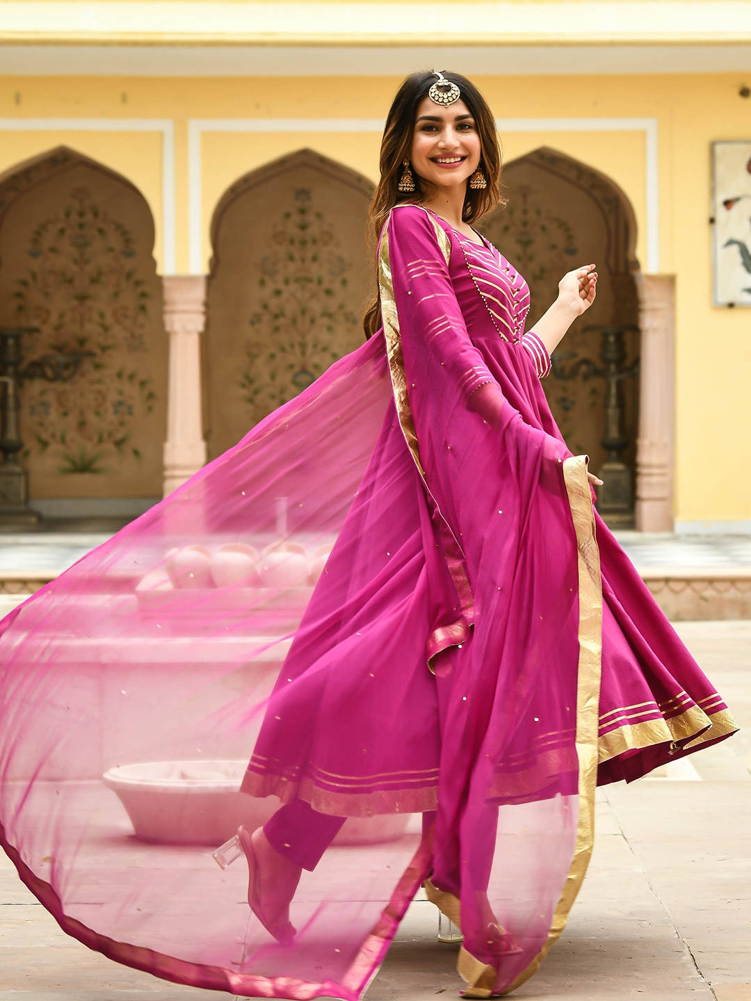 Bunaai Women Magenta Ethnic Motifs Yoke Design Gotta Patti Pure Cotton Kurta with Trousers & With Dupatta
Bunaai Women Magenta Ethnic Motifs Yoke Design Gotta Patti Pure Cotton Kurta with Trousers & With Dupatta