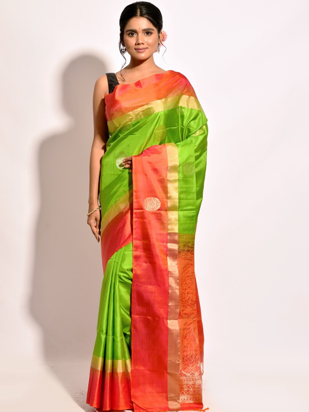 AllSilks Green & Orange Ethnic Motifs Zari Pure Silk Kanjeevaram Saree