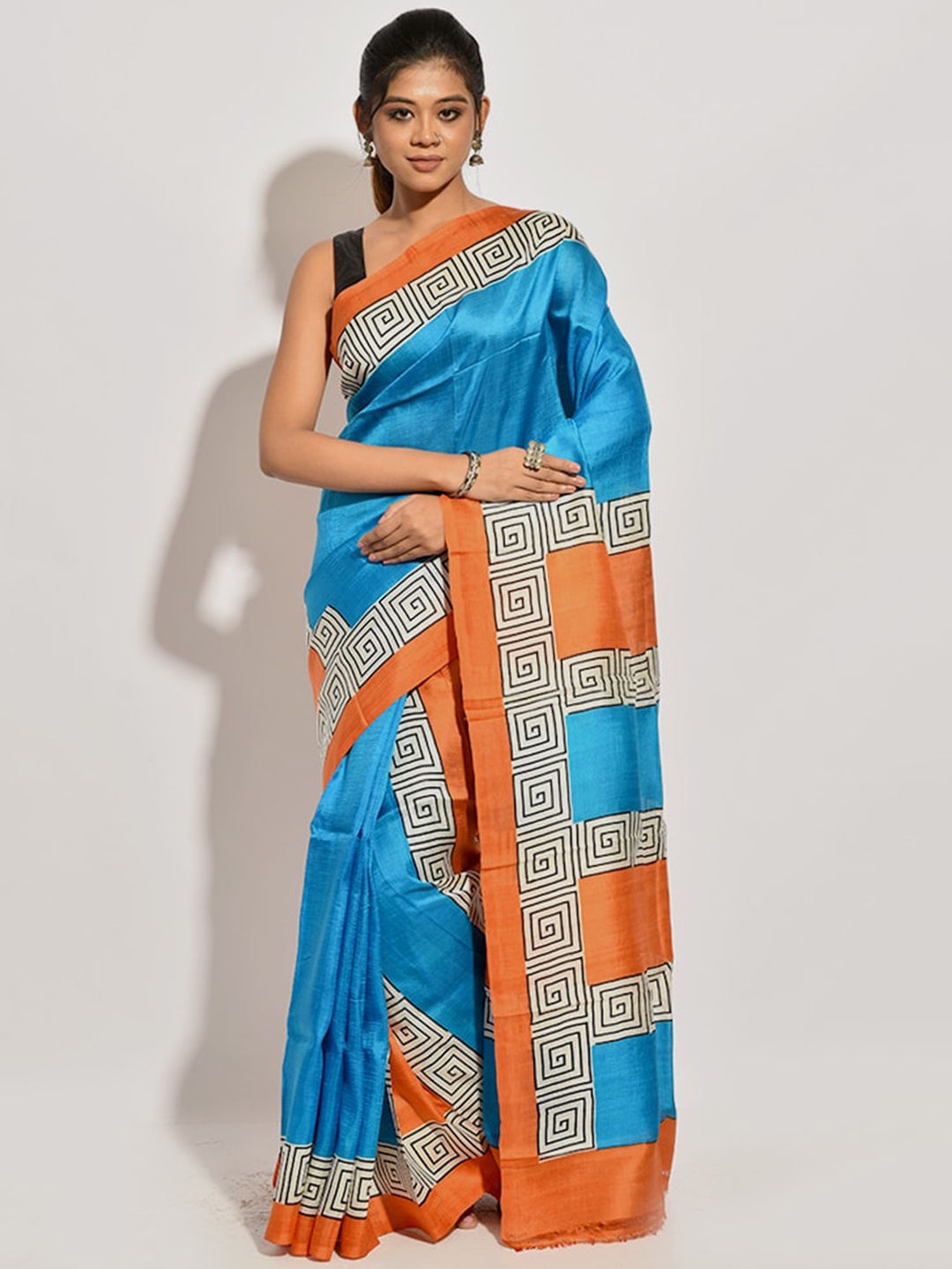 AllSilks Blue & Orange Pure Silk Murshidabad silk Saree