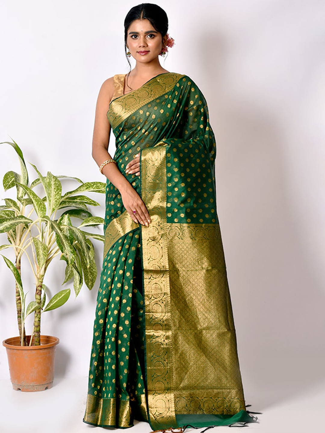 AllSilks Green & Gold-Toned Ethnic Motifs Zari Pure Cotton Saree
AllSilks Green & Gold-Toned Ethnic Motifs Zari Pure Cotton Saree