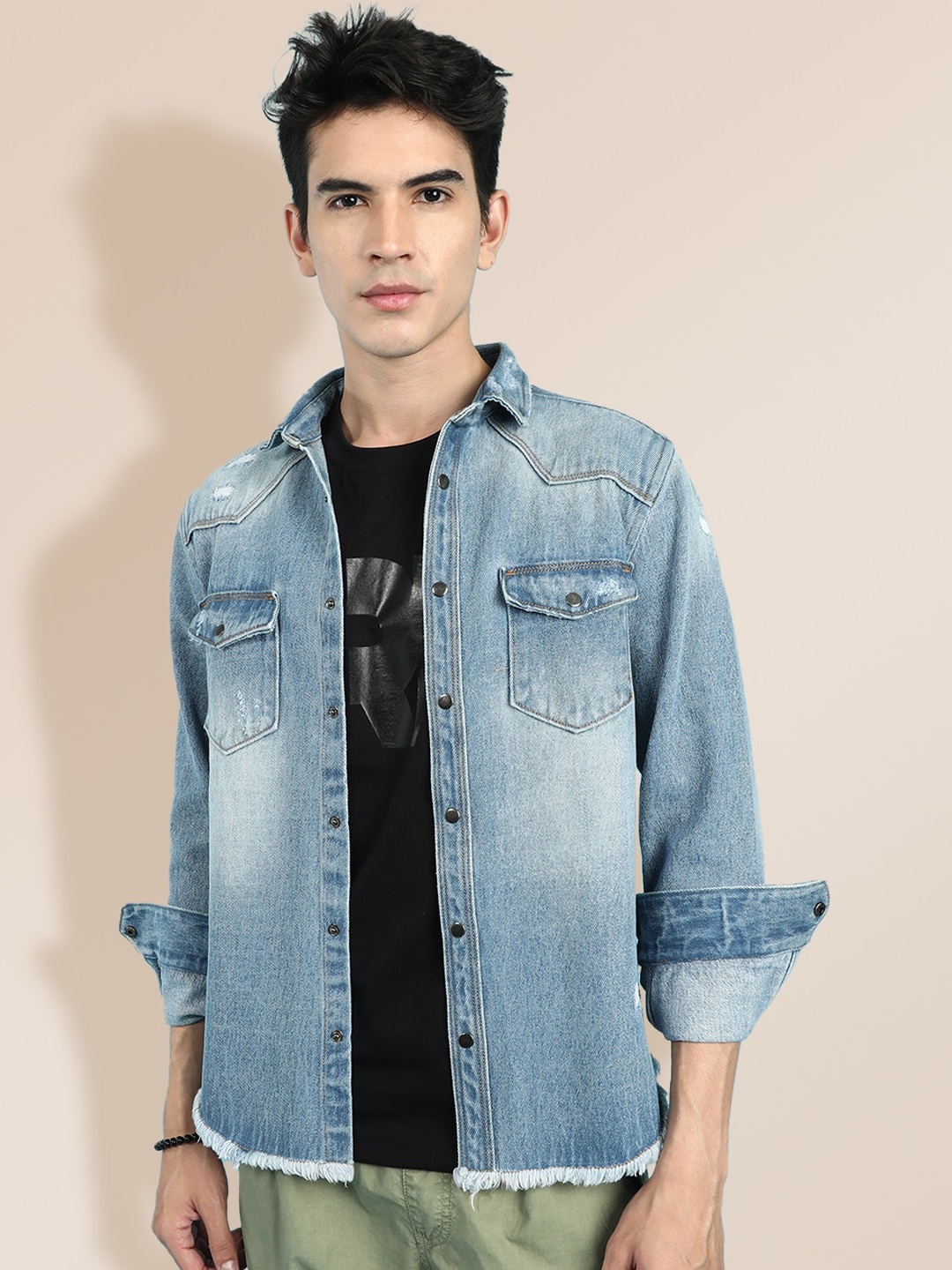 KRA Men Blue Cotton Denim Jacket