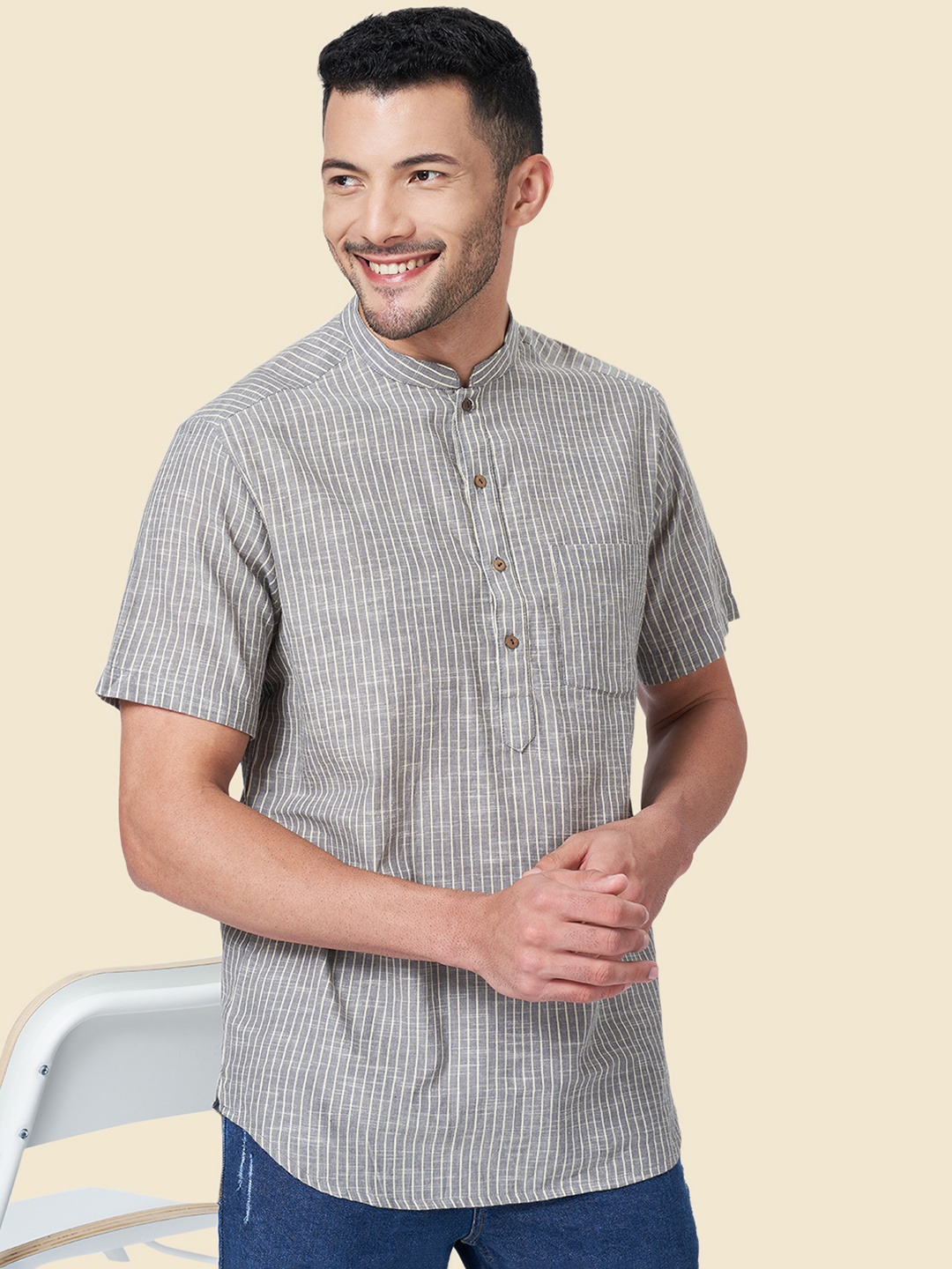 YU by Pantaloons Men Charcoal Printed Cotton Kurta