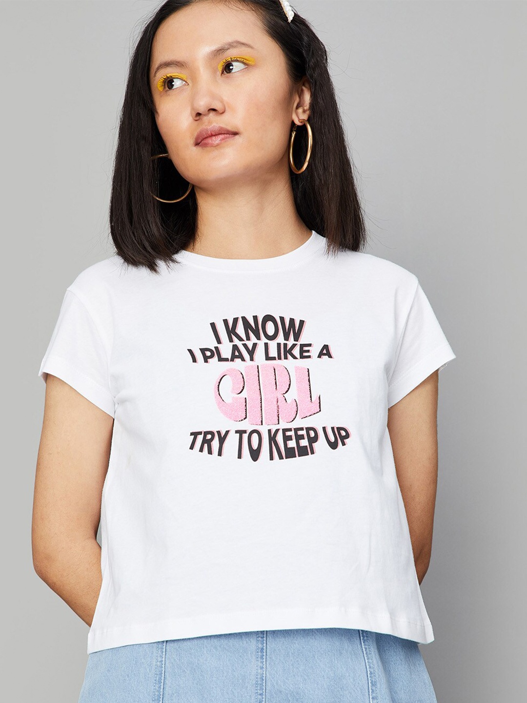 max Women White Typography Printed Cotton T-shirt