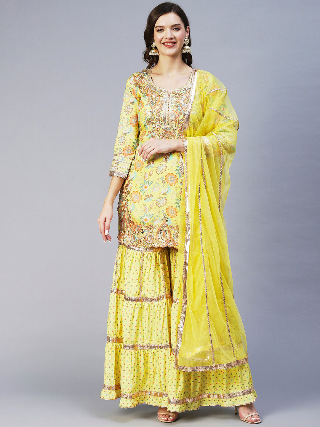 Envy Me by FASHOR Women Yellow Floral Printed Gotta Patti Kurta with Sharara & With Dupatta
Envy Me by FASHOR Women Yellow Floral Printed Gotta Patti Kurta with Sharara & With Dupatta