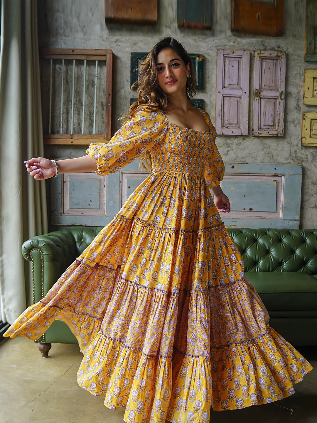 Bunaai Mustard-Yellow & White Floral Print Tiered Fit & Flared Pure Cotton Ethnic Dress
Bunaai Mustard-Yellow & White Floral Print Tiered Fit & Flared Pure Cotton Ethnic Dress