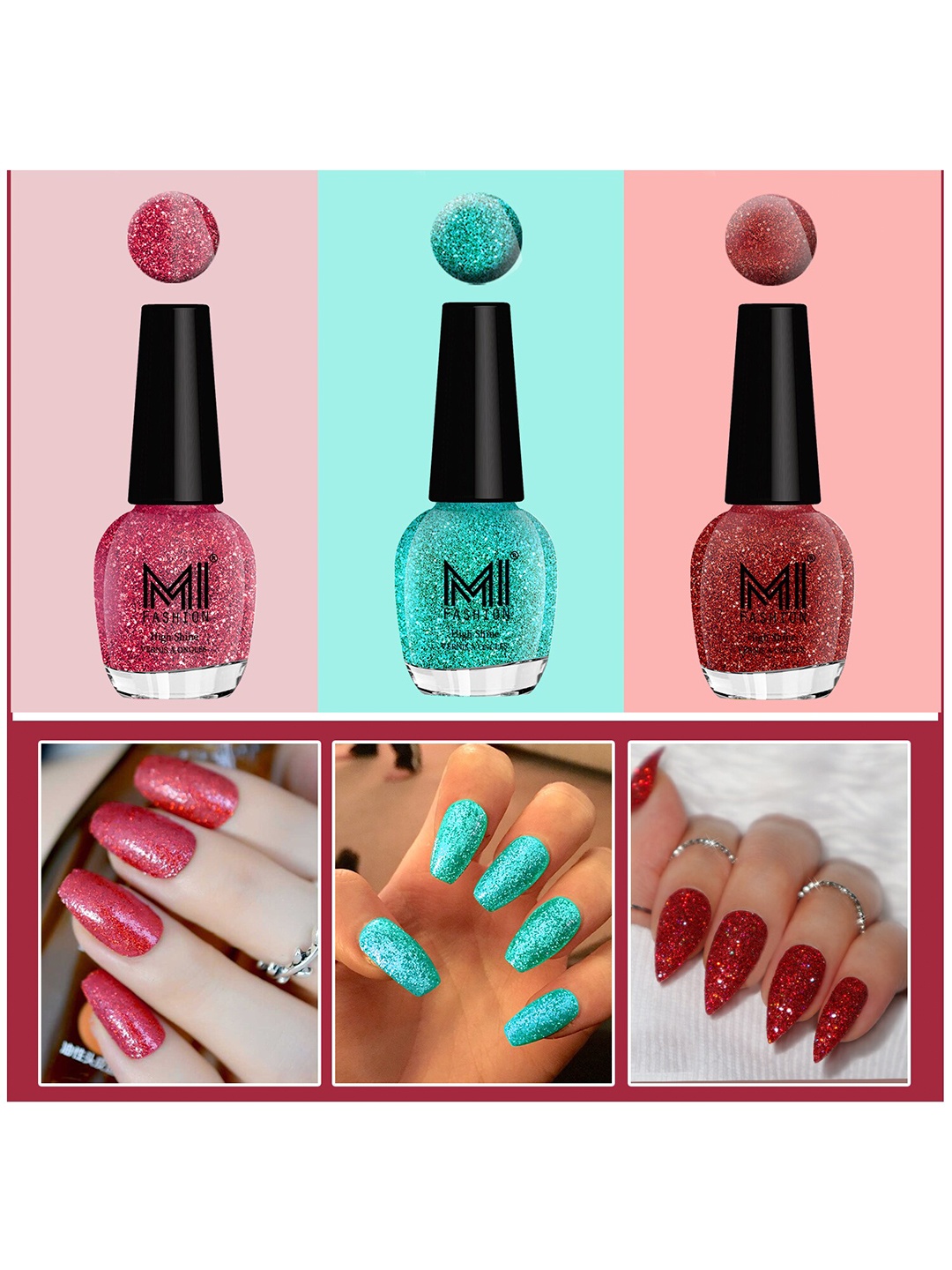 MI FASHION Set Of 3 Ultra Glass High Shine Glitter Long Stay Nail Polish - 15ml Each, Pink
MI FASHION Set Of 3 Ultra Glass High Shine Glitter Long Stay Nail Polish - 15ml Each, Pink