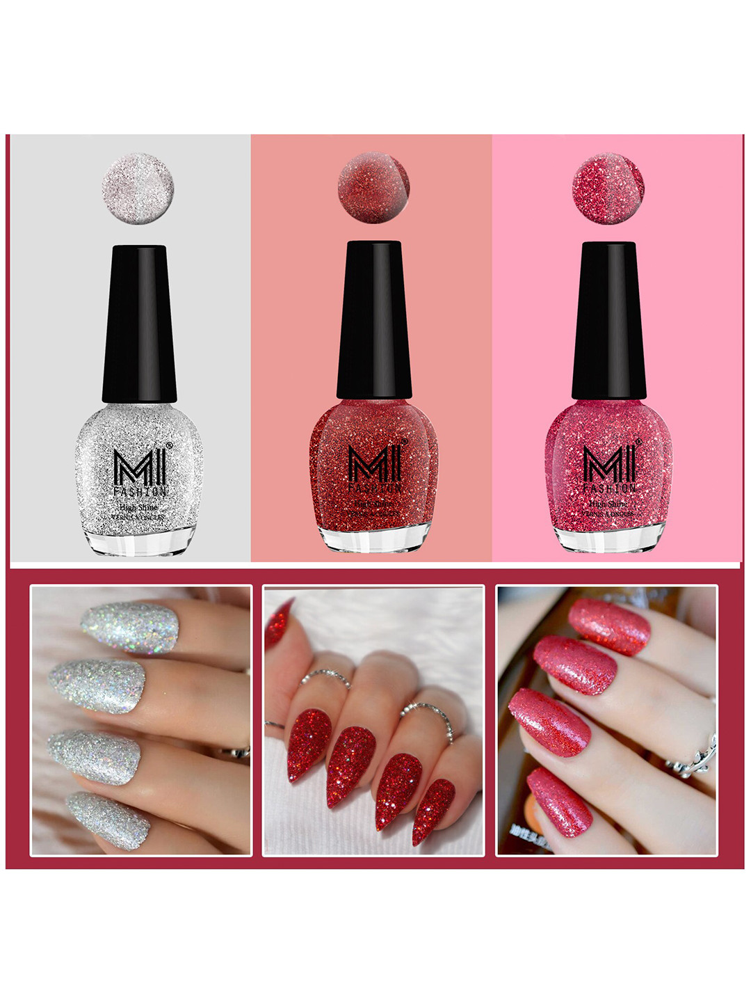 MI FASHION Set Of 3 Ultra Glass High Shine Glitter Long Stay Nail Polish - 15ml Each, Pink
MI FASHION Set Of 3 Ultra Glass High Shine Glitter Long Stay Nail Polish - 15ml Each, Pink