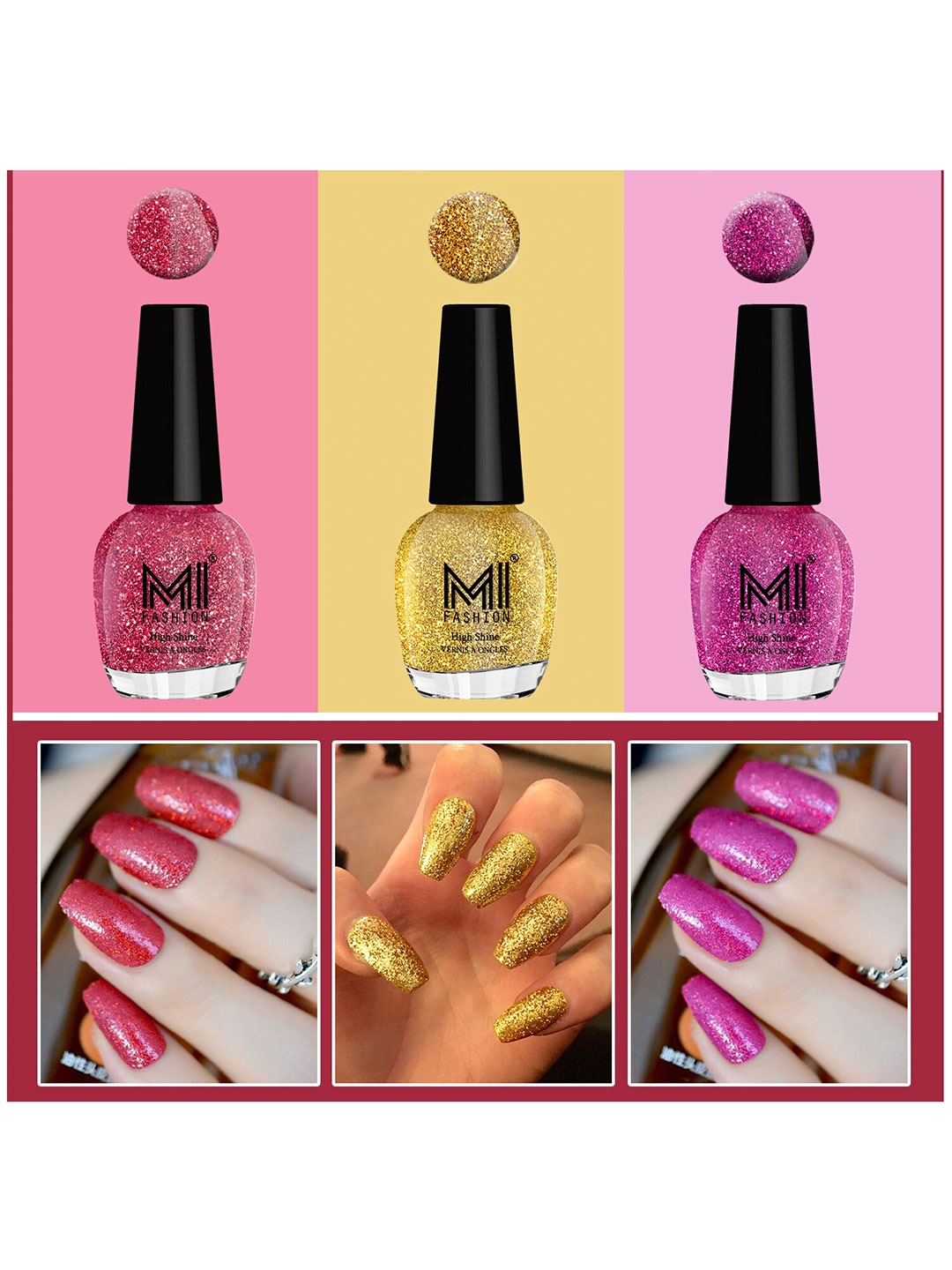 MI FASHION Set of 3 Vernis A Ongles High Shine Glitter Nail Polish - 15 ml each, Pink
MI FASHION Set of 3 Vernis A Ongles High Shine Glitter Nail Polish - 15 ml each, Pink