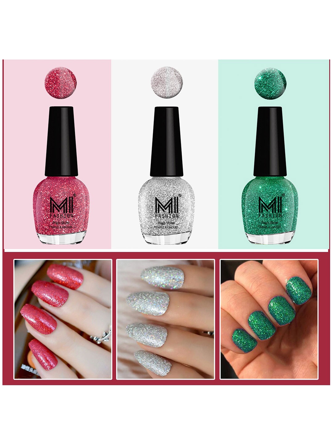 MI FASHION Set of 3 Vernis A Ongles High Shine Glitter Nail Polish - 15 ml each, Green
MI FASHION Set of 3 Vernis A Ongles High Shine Glitter Nail Polish - 15 ml each, Green