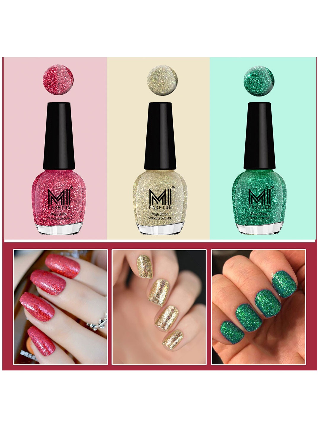 MI FASHION Set of 3 Vernis A Ongles High Shine Glitter Nail Polish - 15 ml each, Pink
MI FASHION Set of 3 Vernis A Ongles High Shine Glitter Nail Polish - 15 ml each, Pink