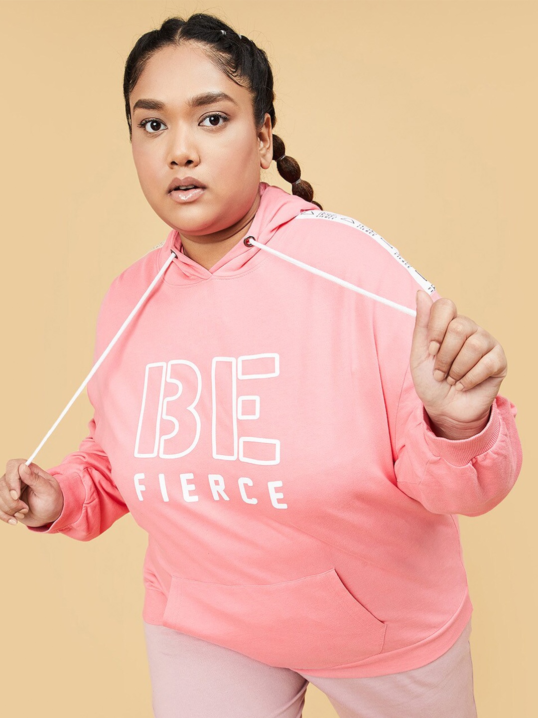max Women Pink Printed Cotton Hooded Sweatshirt