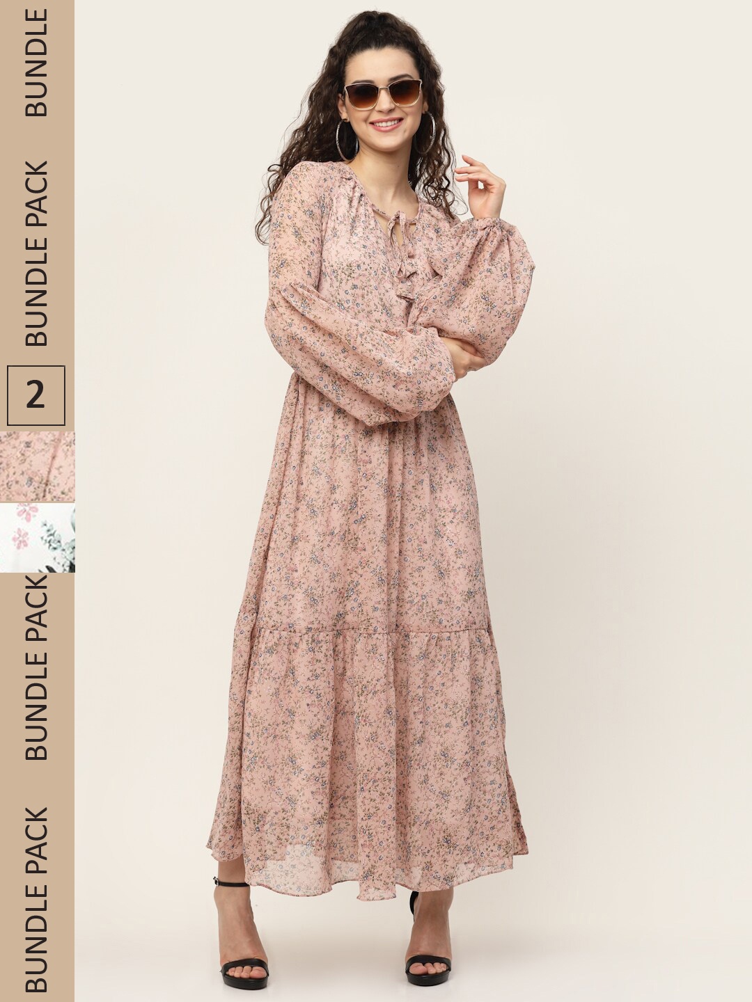 MISS AYSE Pack of 2 Floral Tie-Up Neck Georgette Maxi Maxi Dress, Mauve