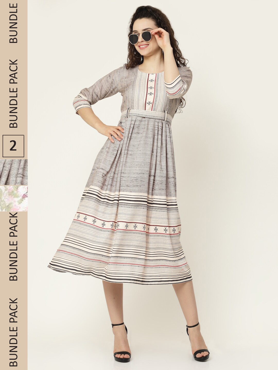 MISS AYSE Grey & White Pack Of 2 Floral Printed Georgette Midi Dress