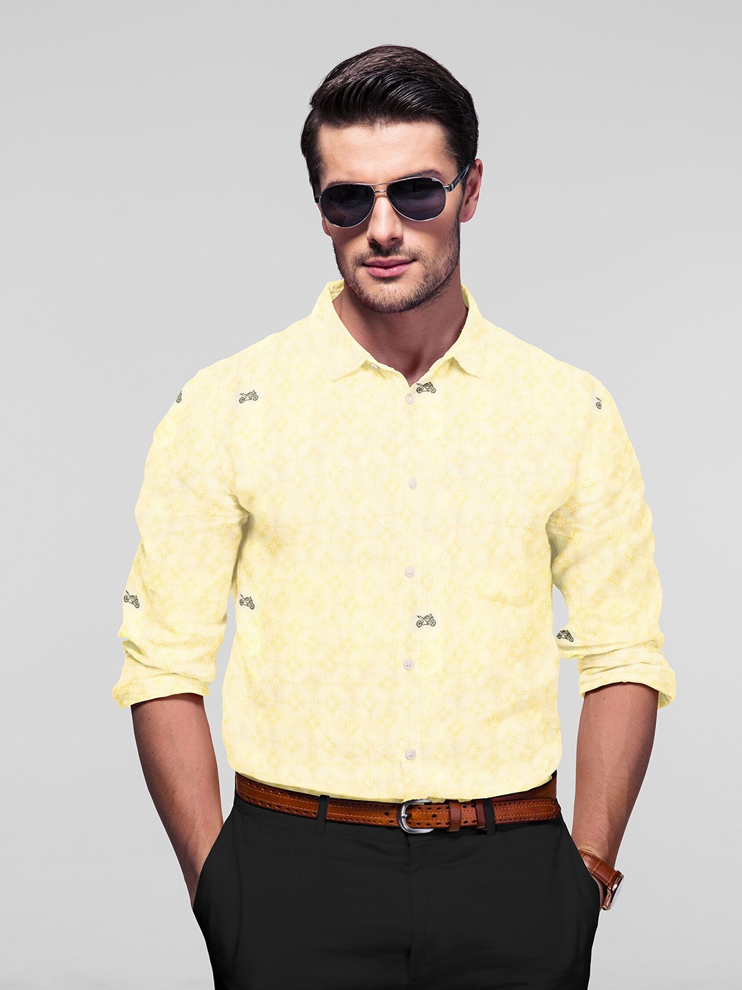 FRENCH CROWN Men Yellow Standard Printed Pure Cotton Formal Shirt