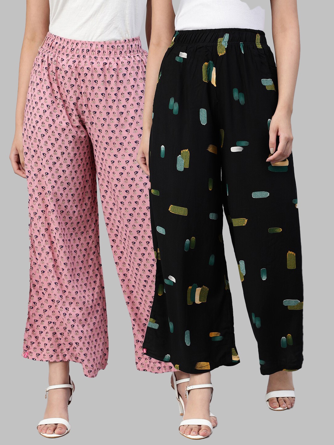 LYRA Women Assorted Pack of 2 Floral Printed Flared Knitted Ethnic Palazzos