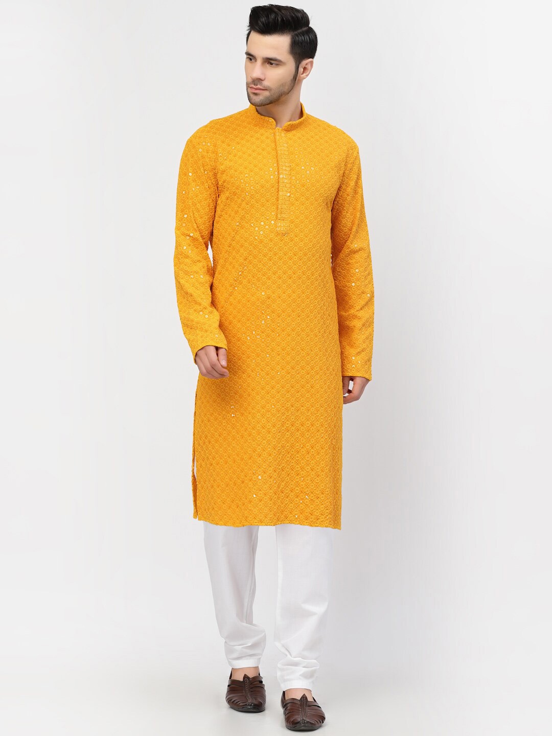 MOHANLAL SONS Men Yellow Ethnic Motifs Embroidered Sequinned Pure Cotton Kurta with Churidar
MOHANLAL SONS Men Yellow Ethnic Motifs Embroidered Sequinned Pure Cotton Kurta with Churidar