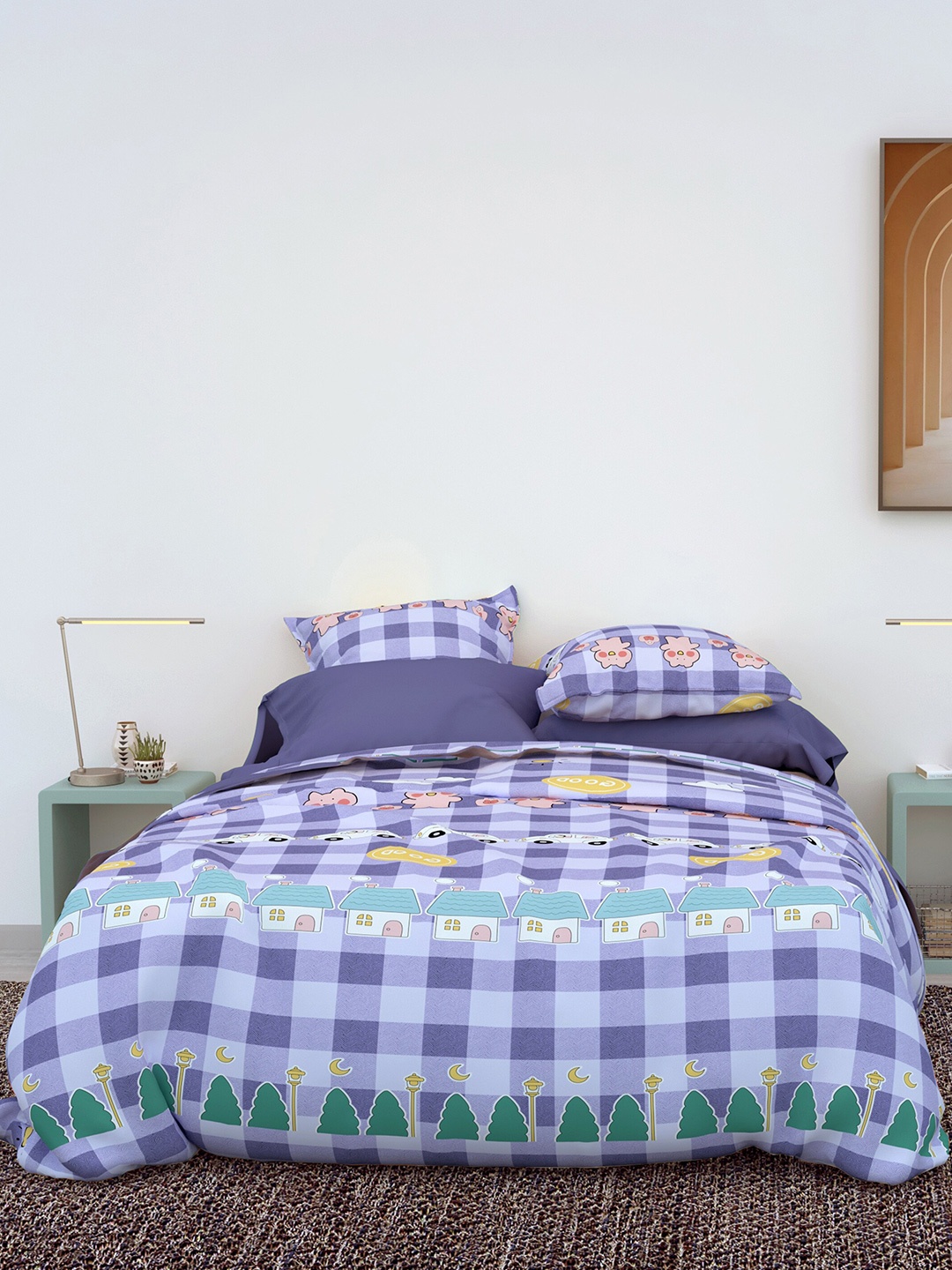 LABHAM Violet & White Conversational 180 TC Cotton King Bedsheet with 2 Pillow Covers
LABHAM Violet & White Conversational 180 TC Cotton King Bedsheet with 2 Pillow Covers