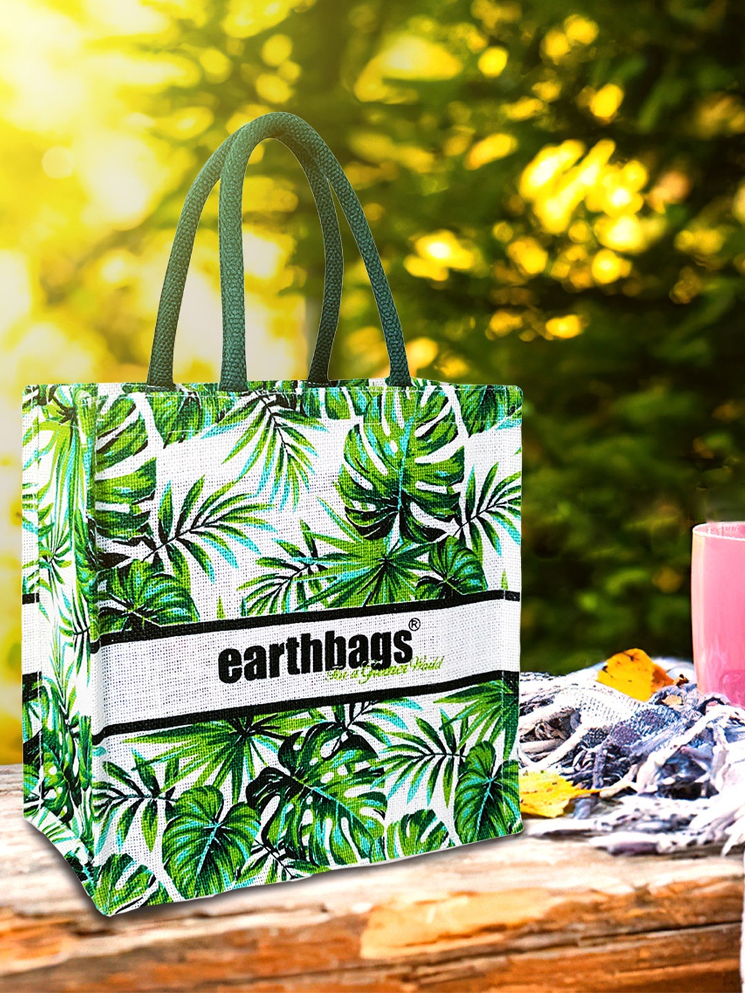 earthbags Floral Printed Oversized Jute Tote Bag Handbags, White