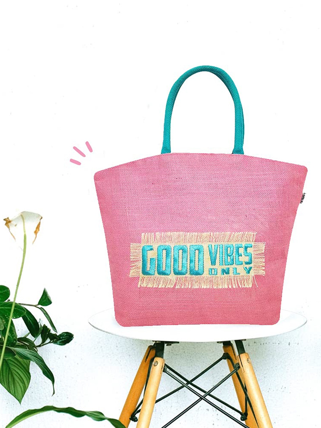 earthbags Typography Printed Oversized Jute Tote Bag Handbags, Pink