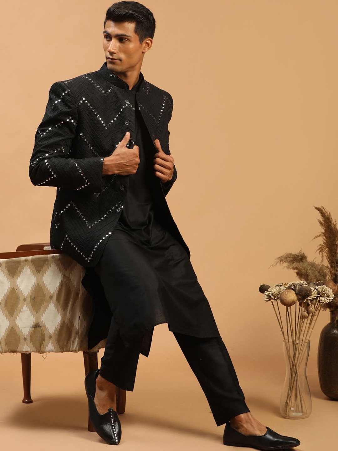 SHRESTHA BY VASTRAMAY Men Embroidered Mirror Work Jodhpuri With Solid Kurta And Pant Set, Black
SHRESTHA BY VASTRAMAY Men Embroidered Mirror Work Jodhpuri With Solid Kurta And Pant Set, Black
