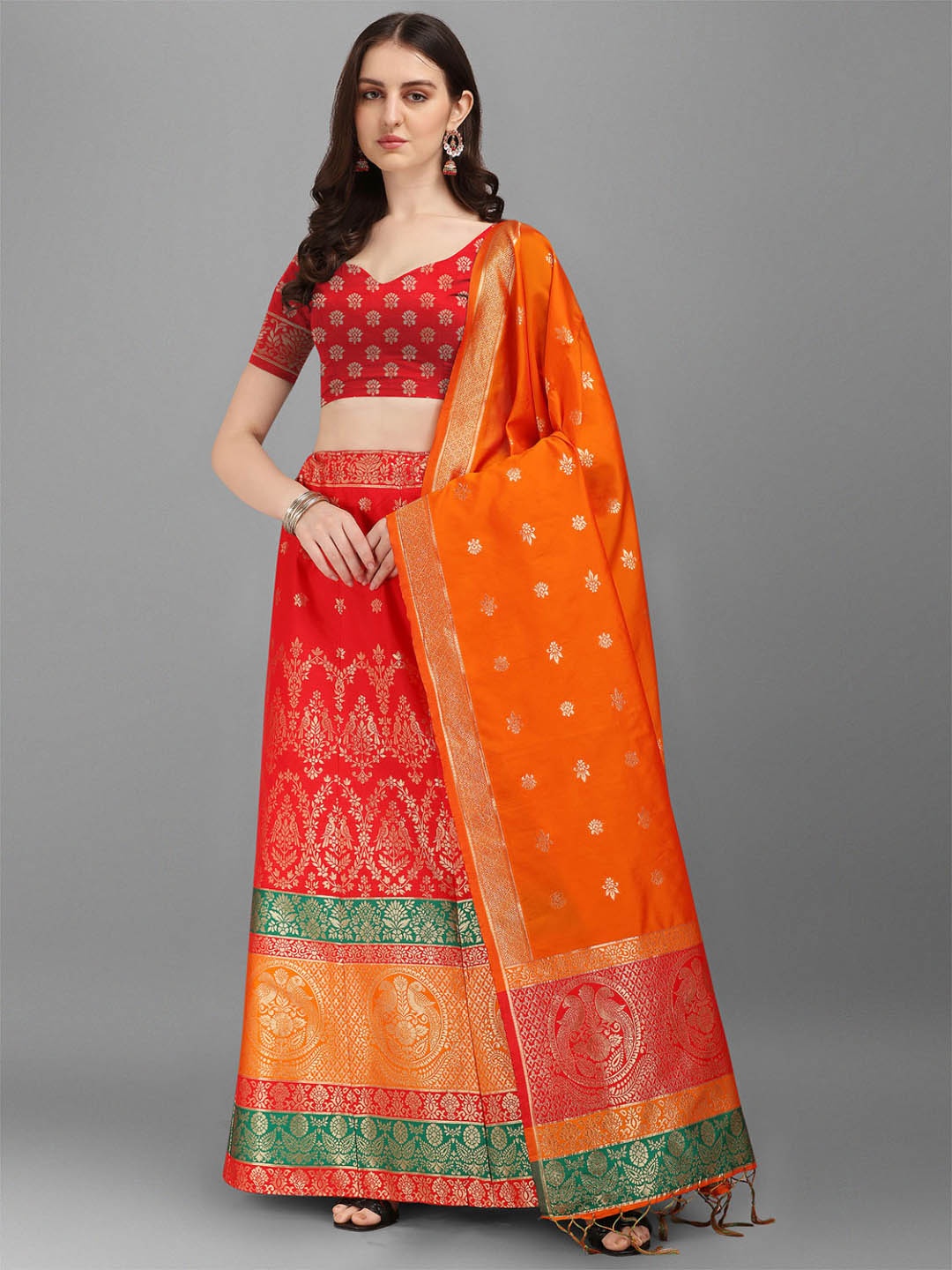Dhyey Fashion Red & Navy Blue Ready to Wear Lehenga & Unstitched Blouse With Dupatta
Dhyey Fashion Red & Navy Blue Ready to Wear Lehenga & Unstitched Blouse With Dupatta