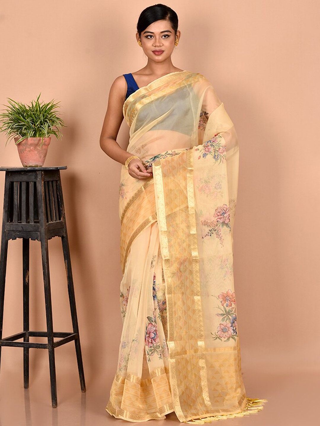 AllSilks Beige & Pink Floral Zari Organza Saree