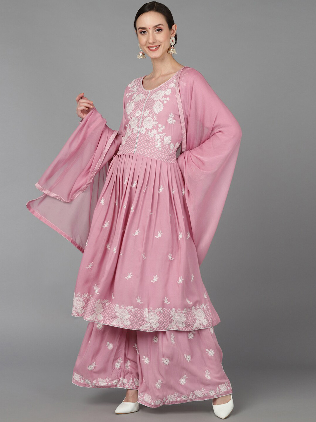 AHIKA Women Pink Floral Embroidered Empire Thread Work Kurta with Sharara & Dupatta 
AHIKA Women Pink Floral Embroidered Empire Thread Work Kurta with Sharara & Dupatta