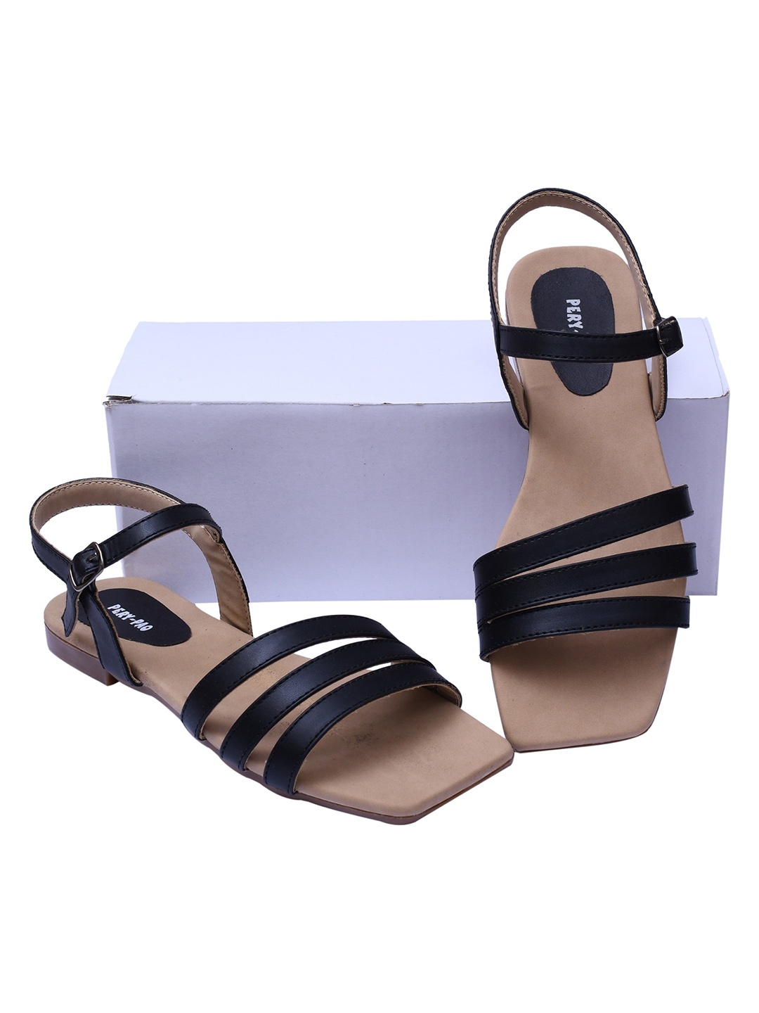 PERY PAO Women Black Striped Open Toe Flats