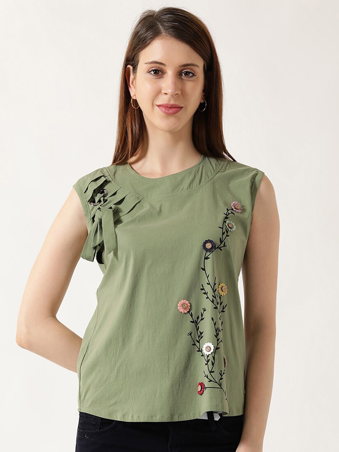 V2 Value & Variety Green & Pink Floral Round Neck Top