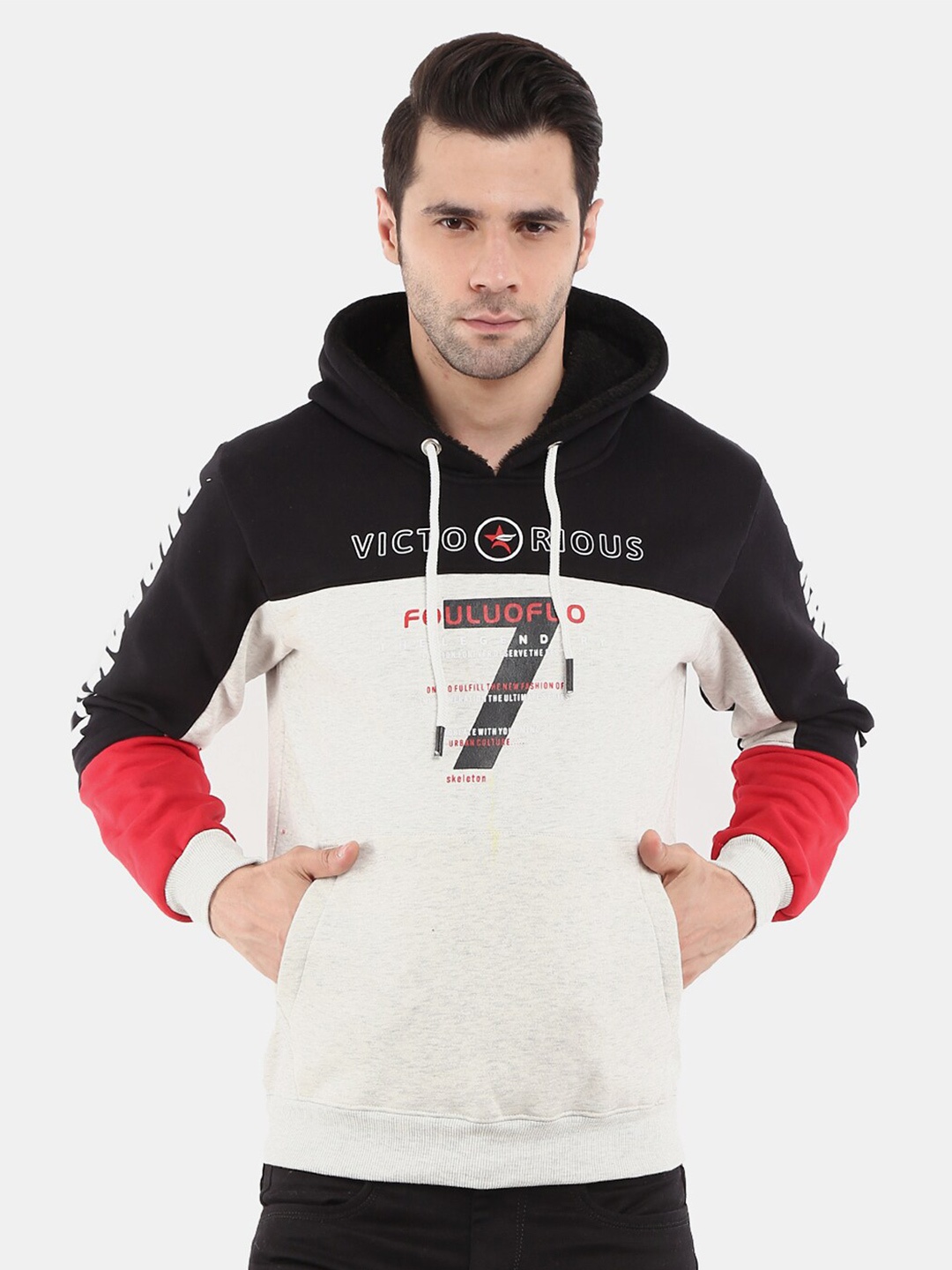 V-Mart Men Black Printed Hooded Sweatshirt