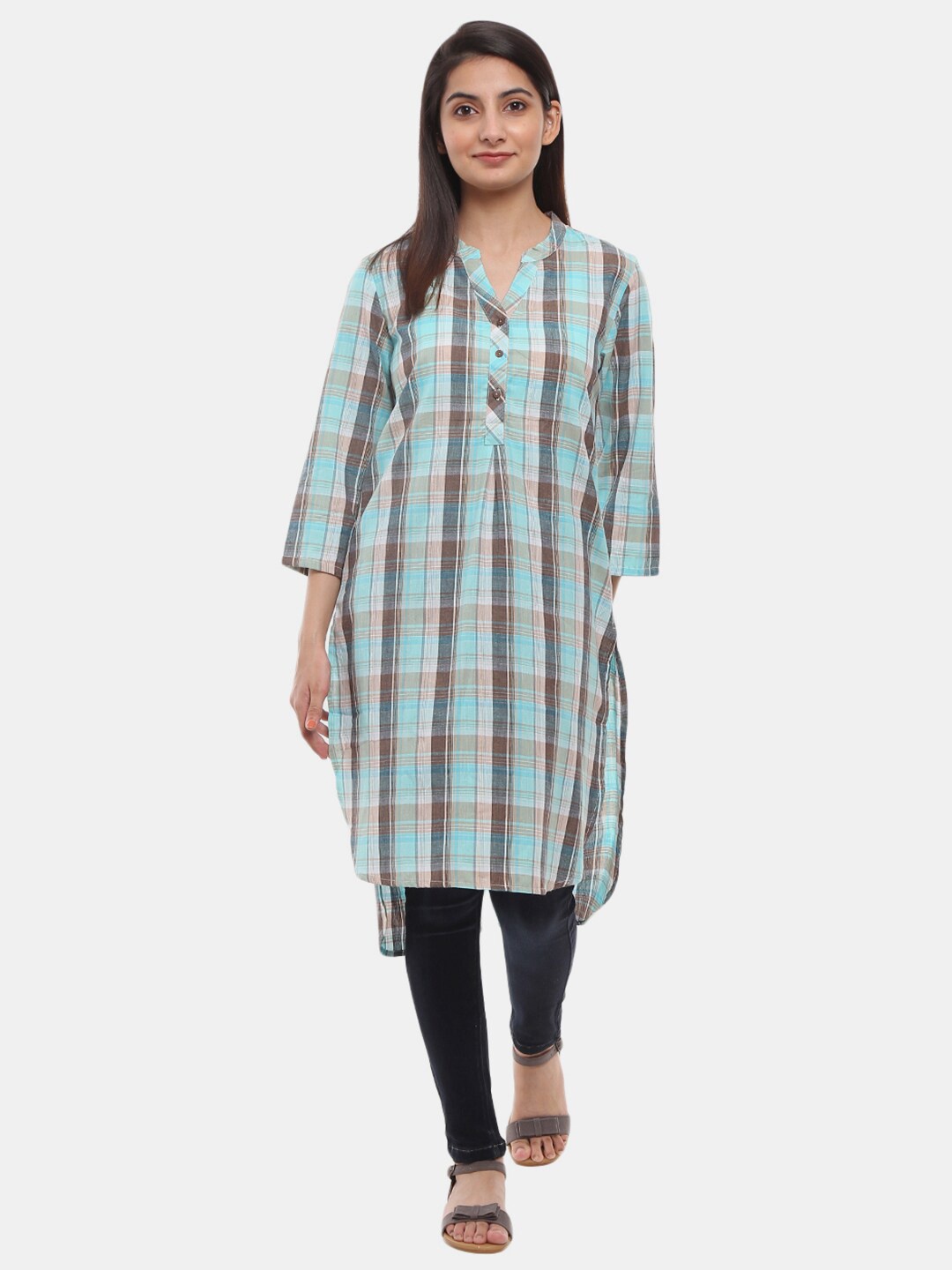 V-Mart Sea Green & Brown Pure Cotton Checked Mandarin Collar Shirt Style Longline Top
V-Mart Sea Green & Brown Pure Cotton Checked Mandarin Collar Shirt Style Longline Top