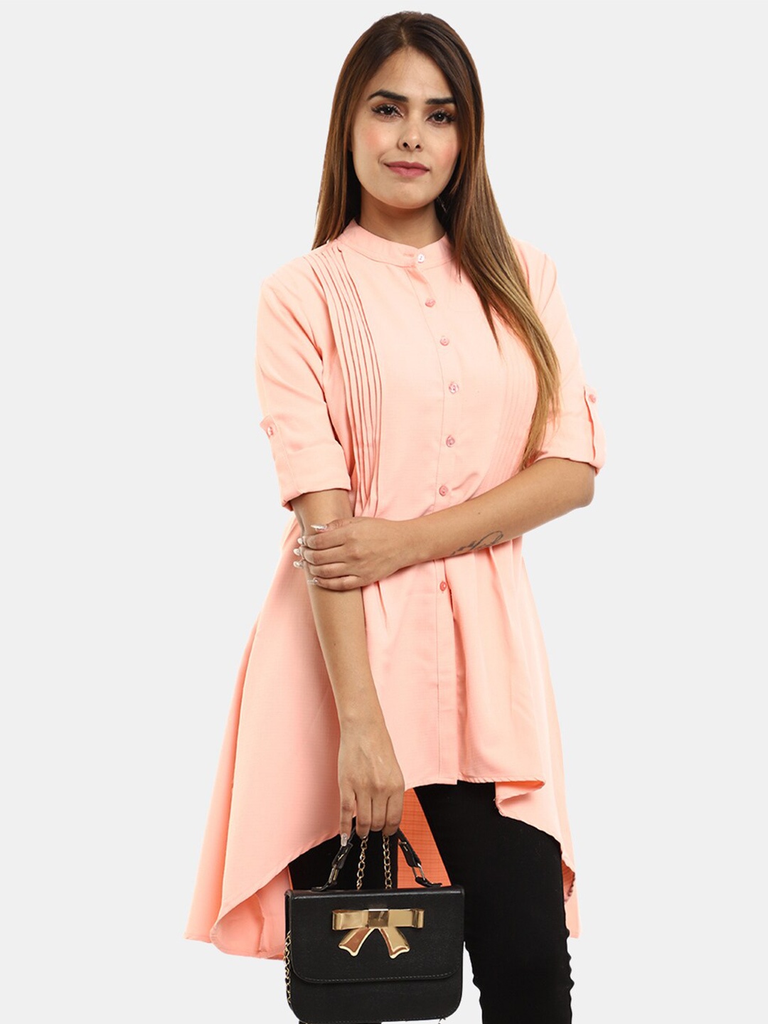 V-Mart Peach-Coloured Mandarin Collar Roll-Up Sleeves Georgette High-Low Longline Top
V-Mart Peach-Coloured Mandarin Collar Roll-Up Sleeves Georgette High-Low Longline Top