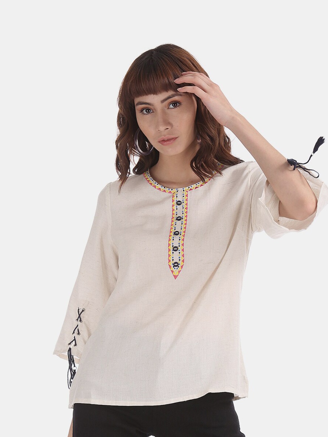 V-Mart White Pure Cotton Geometric Embroidered Top