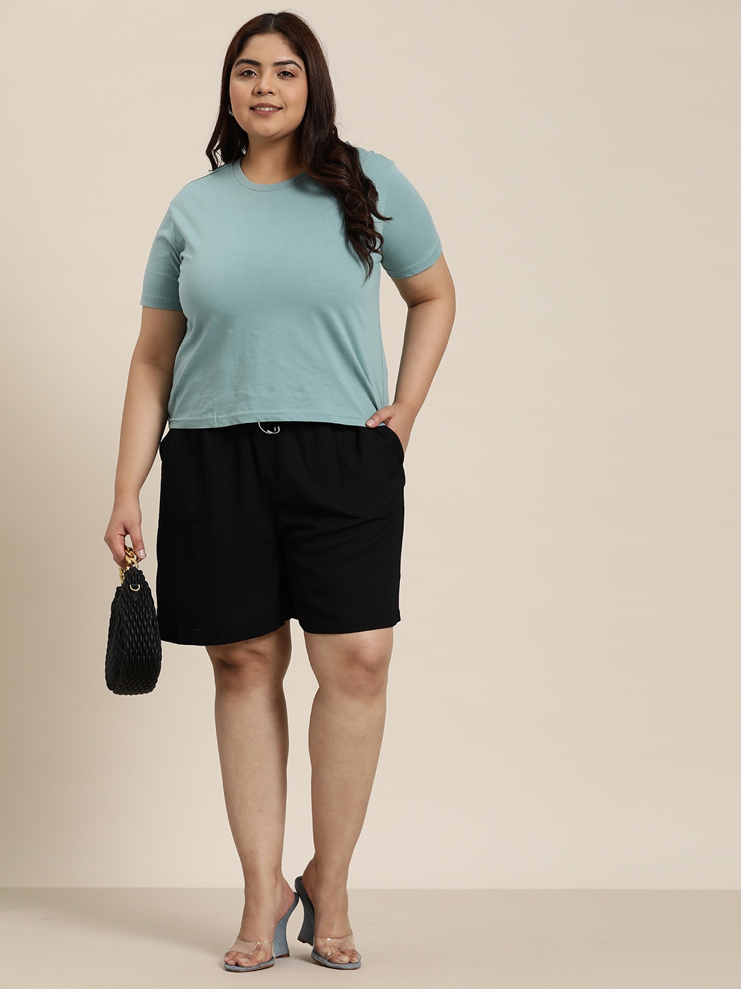 Sztori Women Plus Size Shorts with Belt, Black